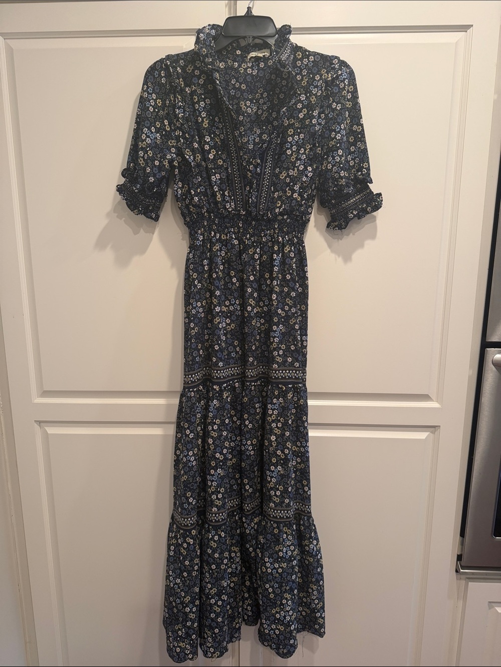 Max Studio Navy Floral Maxi Dress with Ruffle Neck